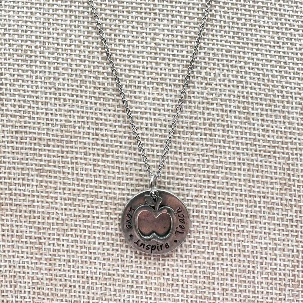Vintage 80s SilverTone Apple Teacher Necklace Love Inspire Teach Pendant Jewelry
